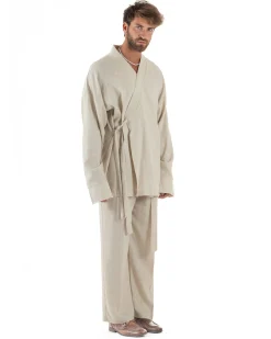 Outfit coordinato lino kimono pantaloni baggy corda morbido beige GIOSAL-OU2522A