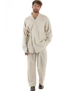 Outfit coordinato lino kimono pantaloni baggy corda morbido beige GIOSAL-OU2522A