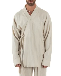 Outfit coordinato lino kimono pantaloni baggy corda morbido beige GIOSAL-OU2522A