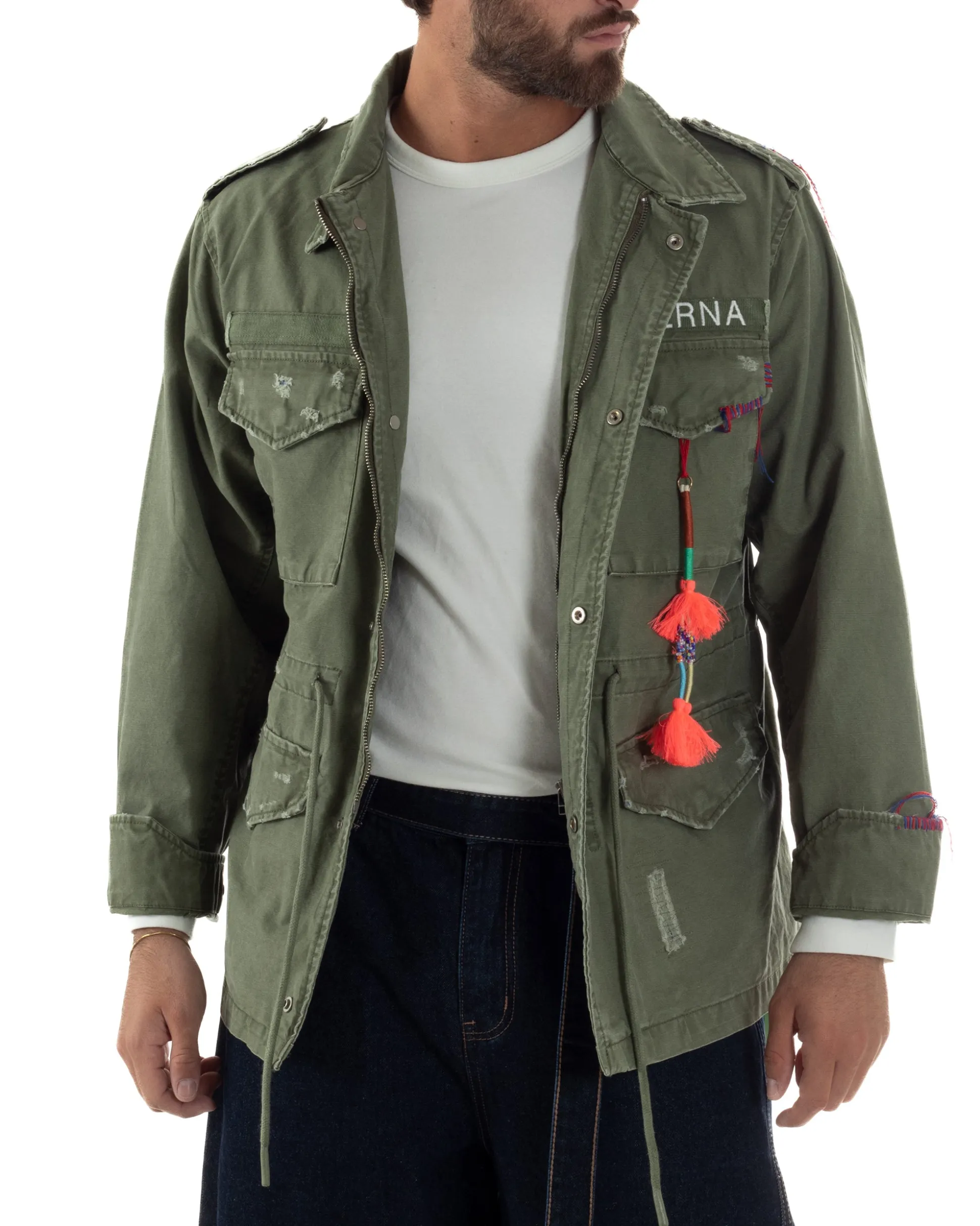 Overshirt giacca uomo sahariana destroy giubbotto camicione verde militare BERNA M-261254