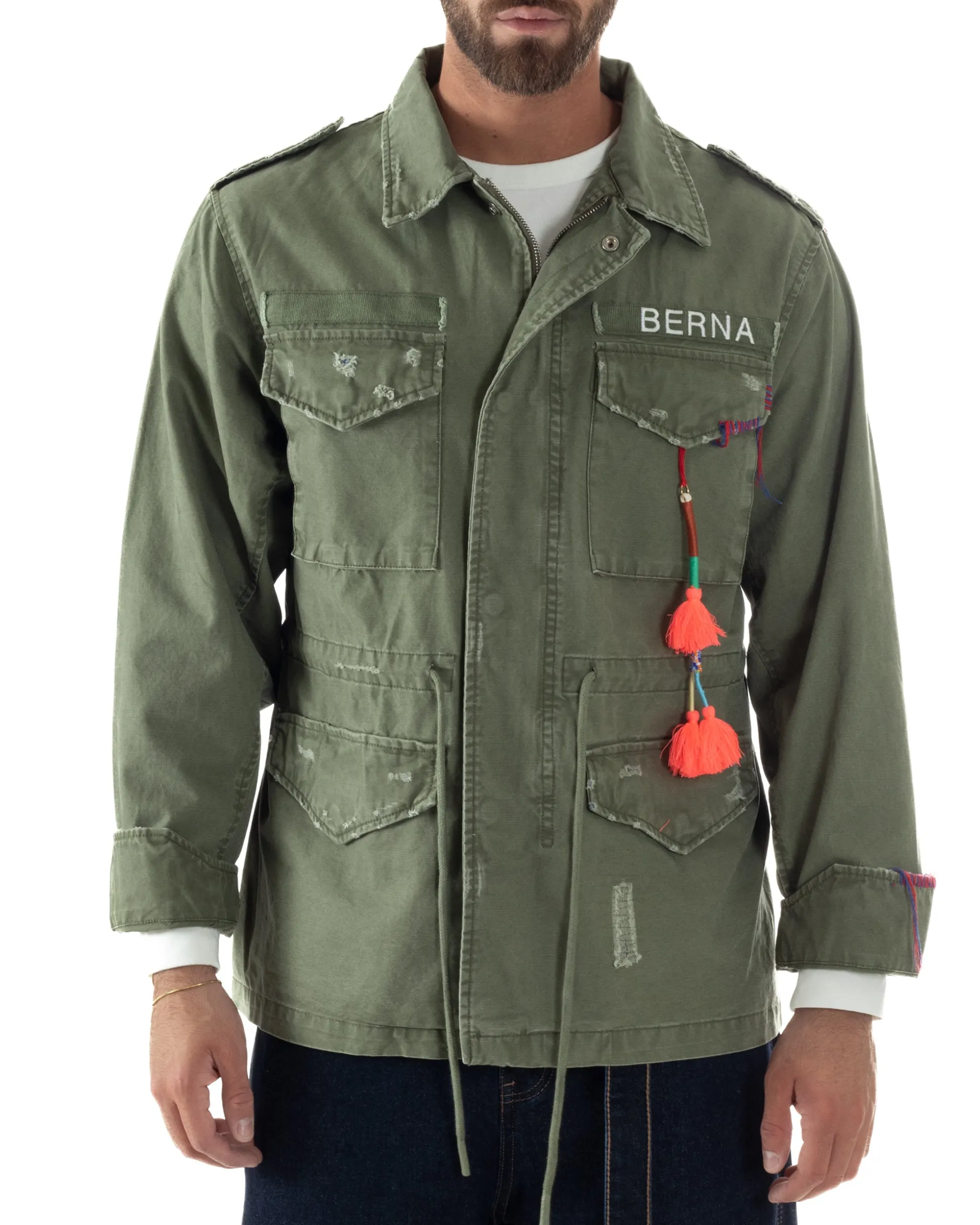 Overshirt giacca uomo sahariana destroy giubbotto camicione verde militare BERNA M-261254
