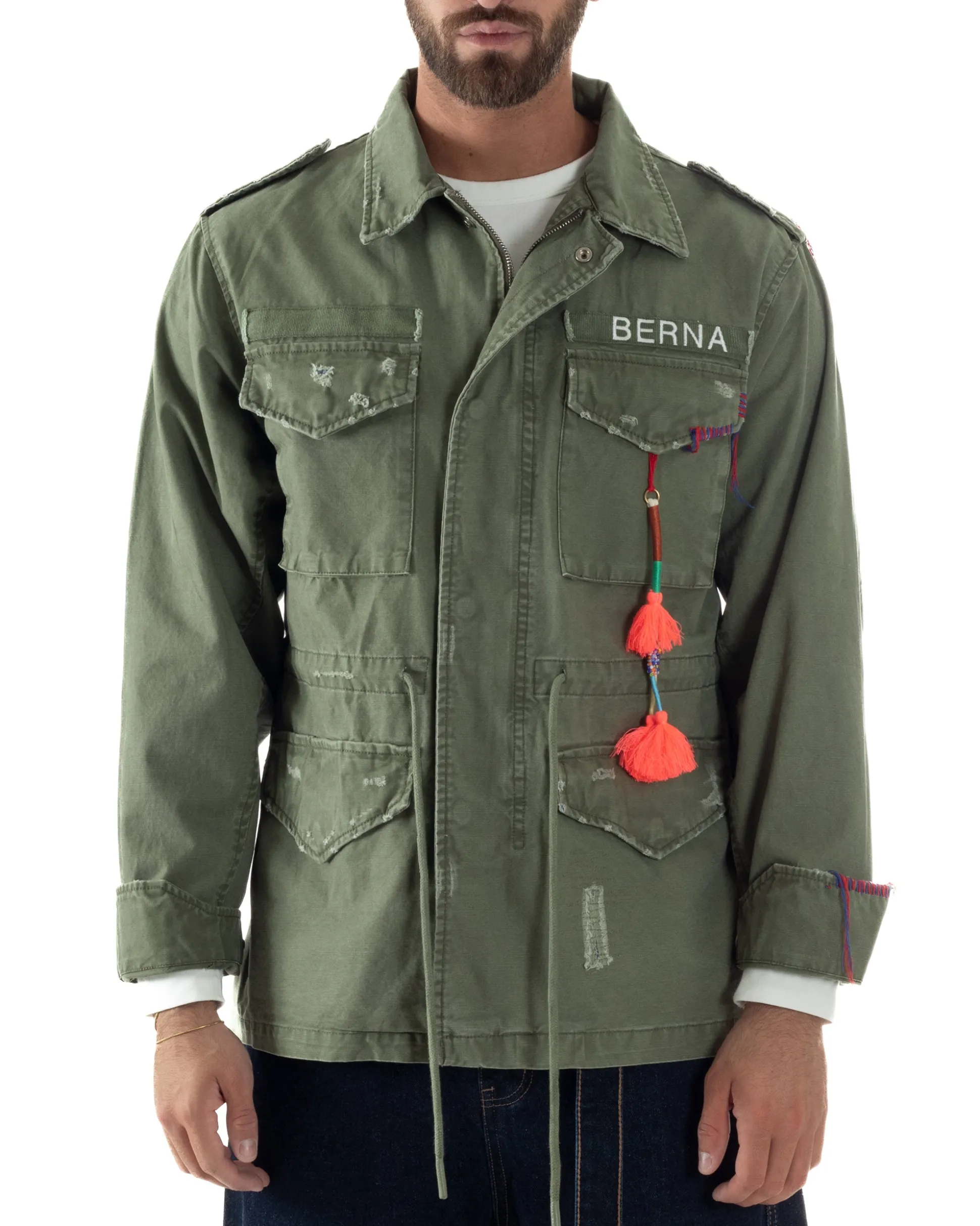 Overshirt giacca uomo sahariana destroy giubbotto camicione verde militare BERNA M-261254