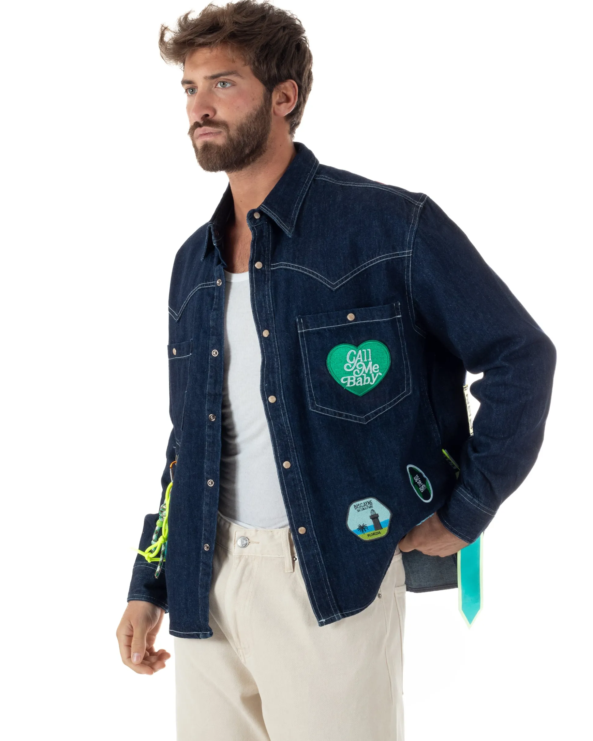 Overshirt jeans uomo giacca camicione patch denim scuro BERNA M-261228