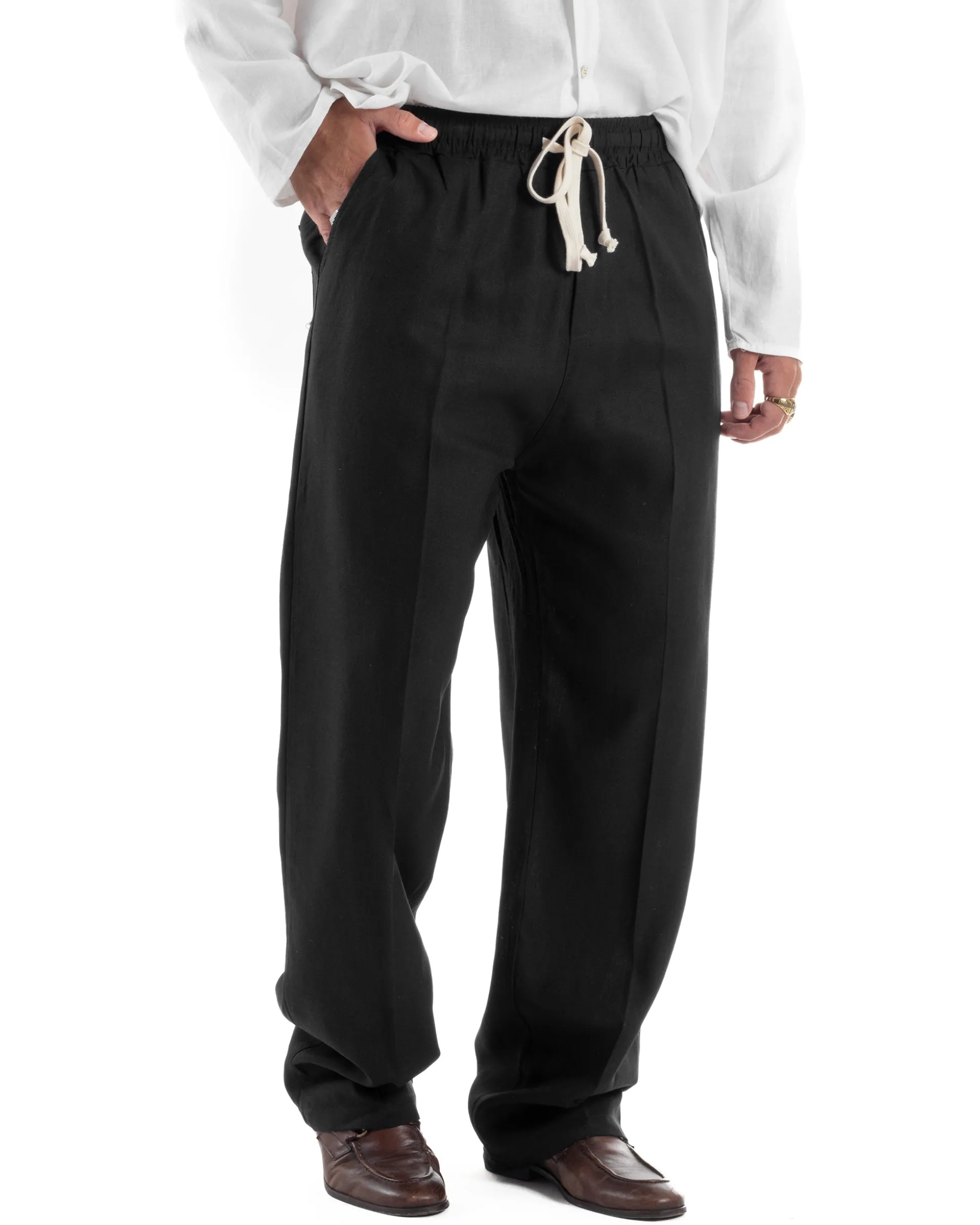 Pantalaccio lino uomo baggy fit morbido comodo nero P6304A
