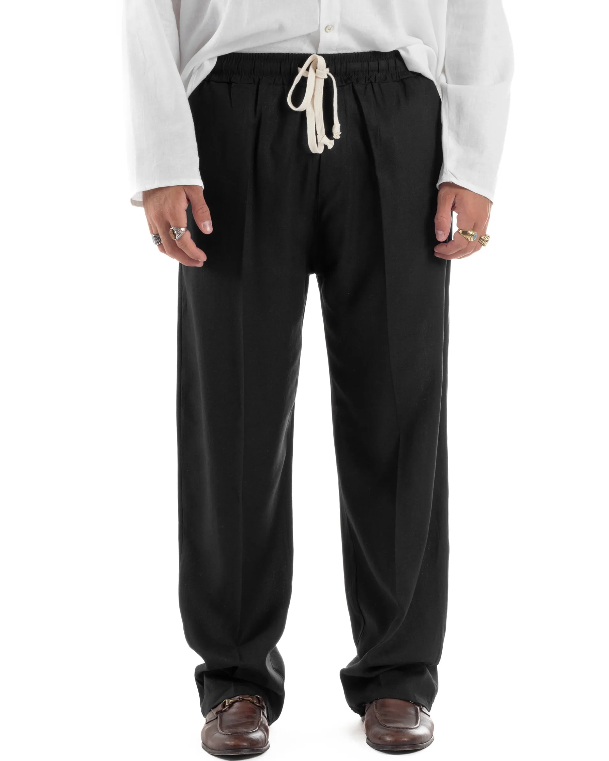 Pantalaccio lino uomo baggy fit morbido comodo nero P6304A