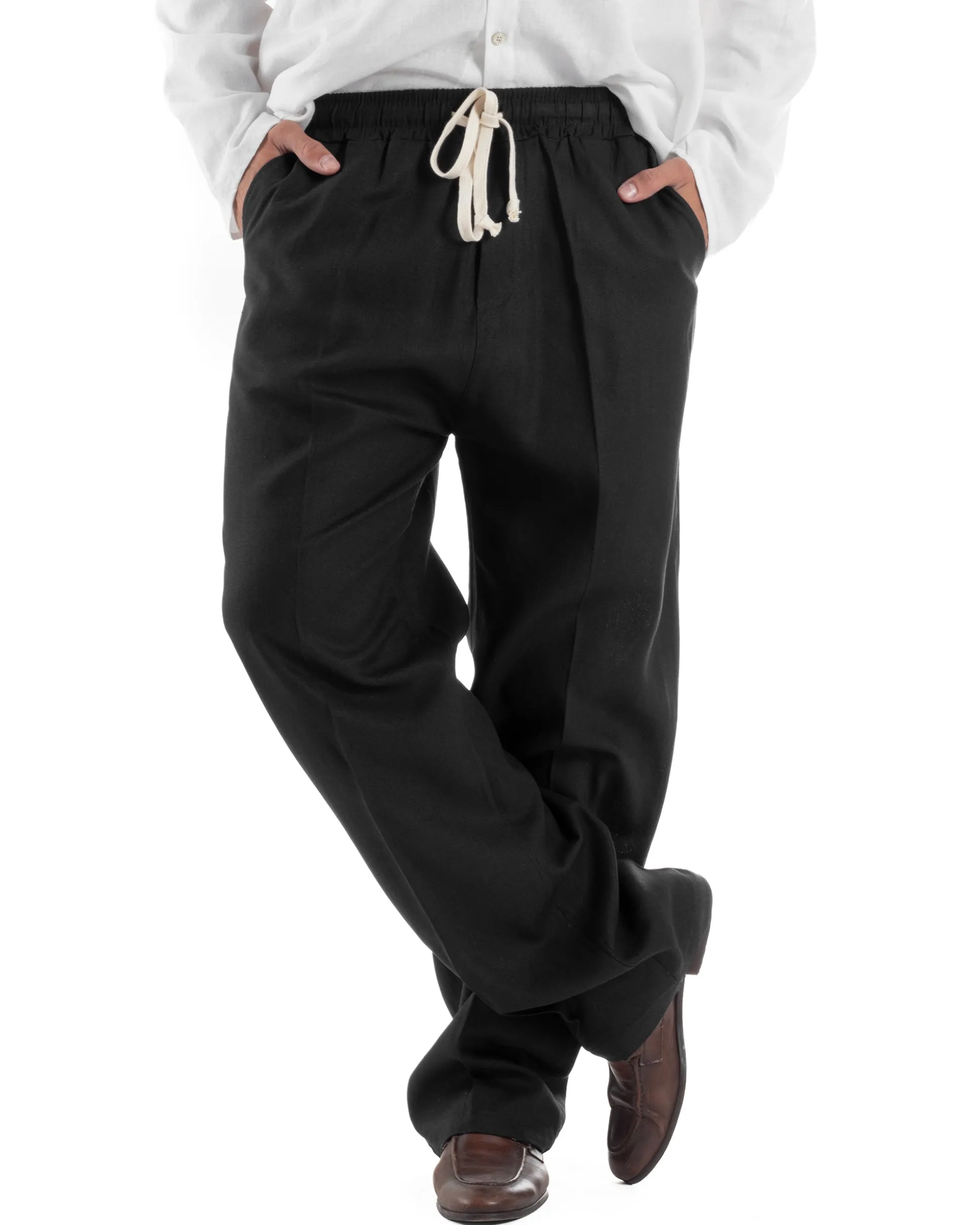 Pantalaccio lino uomo baggy fit morbido comodo nero P6304A