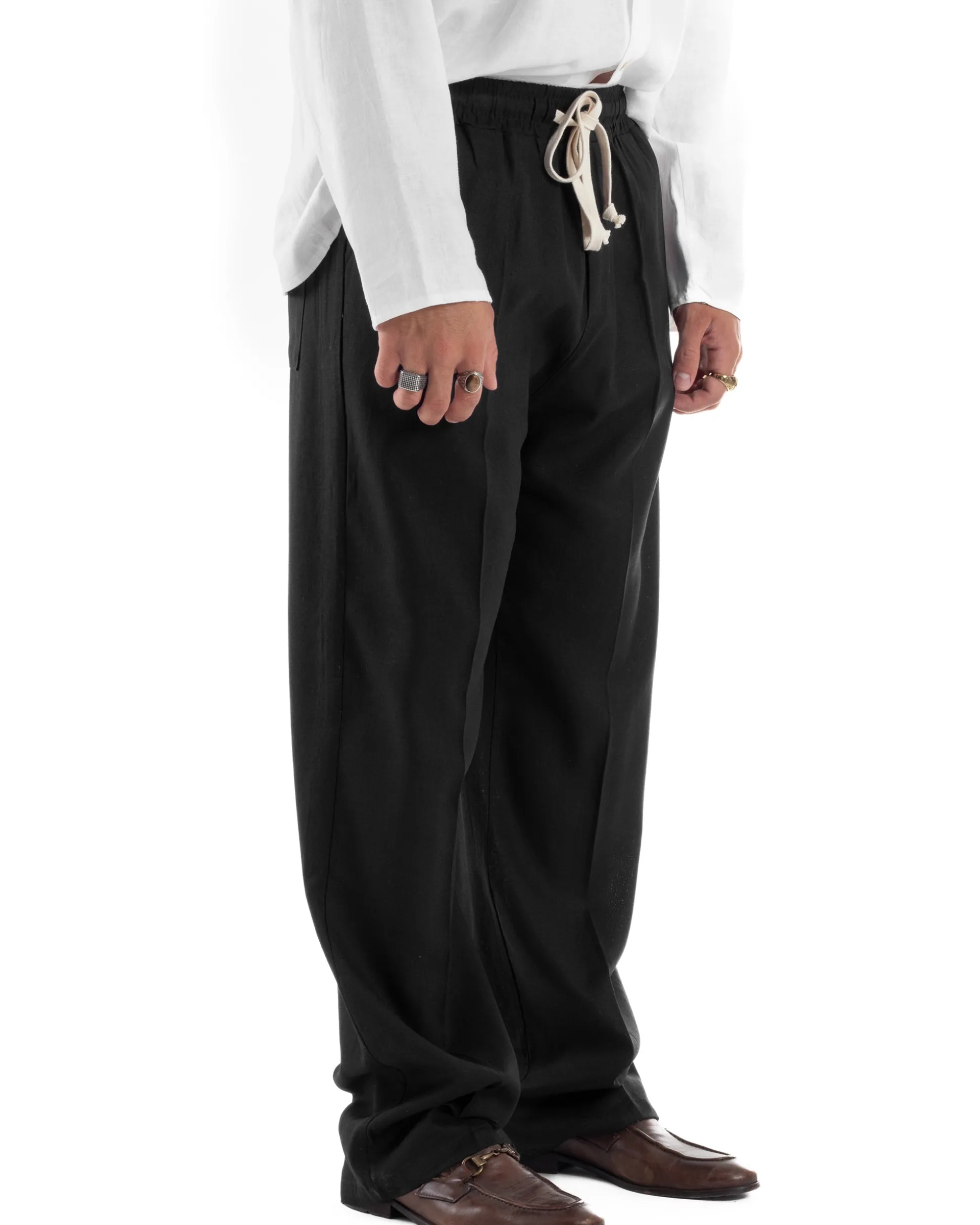 Pantalaccio lino uomo baggy fit morbido comodo nero P6304A