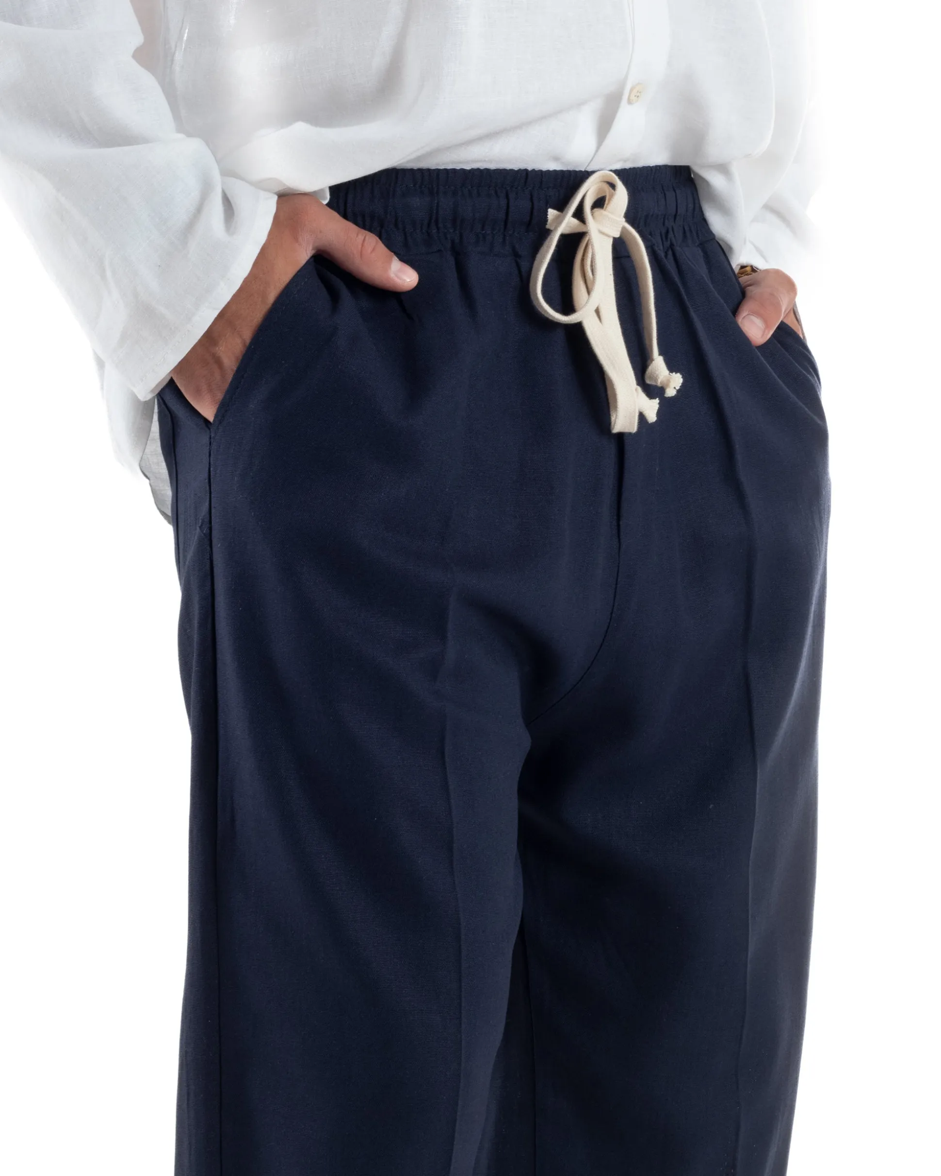 Pantalaccio lino uomo baggy fit morbido comodo blu P6302A