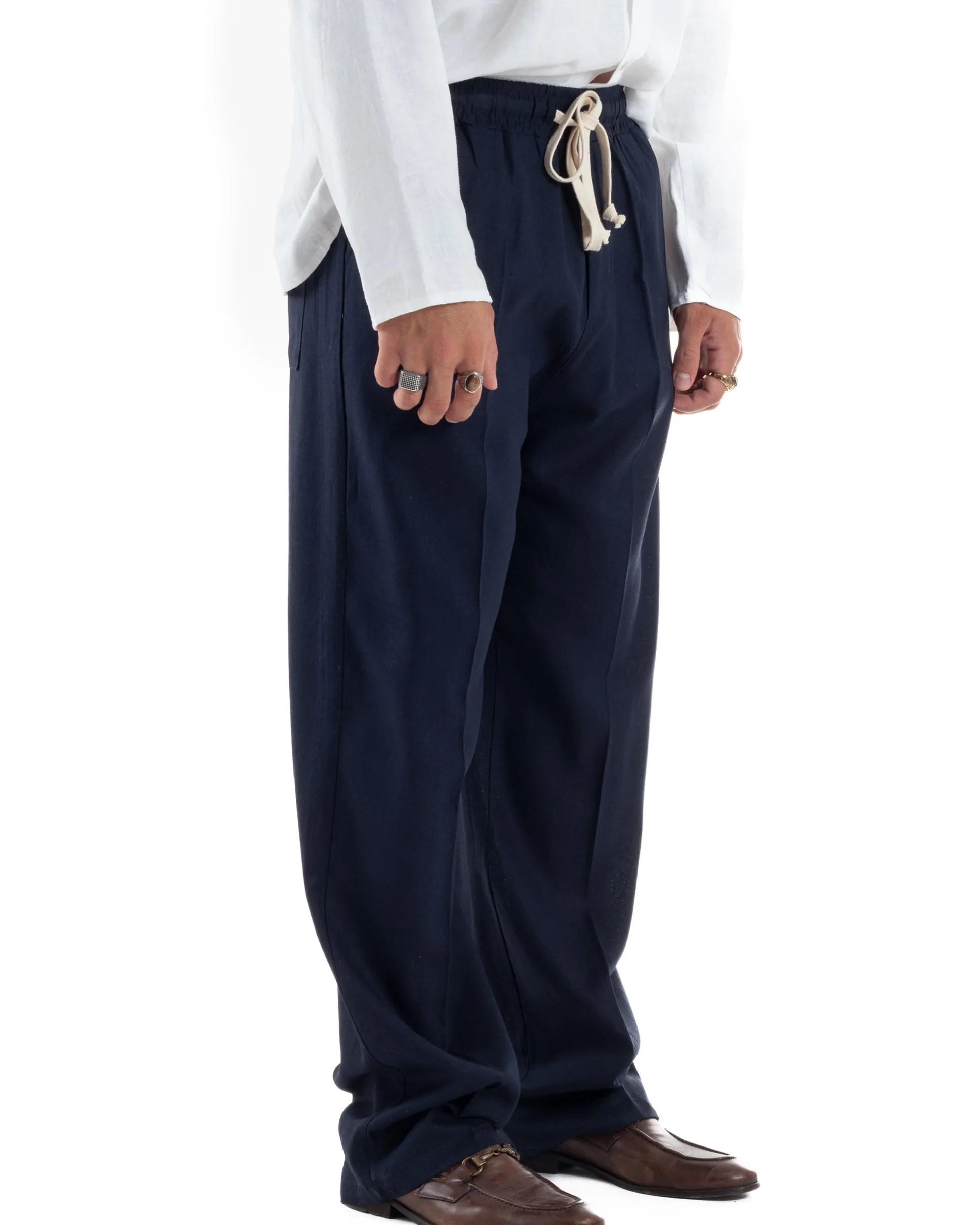 Pantalaccio lino uomo baggy fit morbido comodo blu P6302A