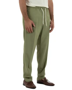 Pantalaccio uomo lino viscosa pantaloni coulisse relaxed fit verde militare BERNA M-261226
