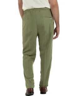 Pantalaccio uomo lino viscosa pantaloni coulisse relaxed fit verde militare BERNA M-261226