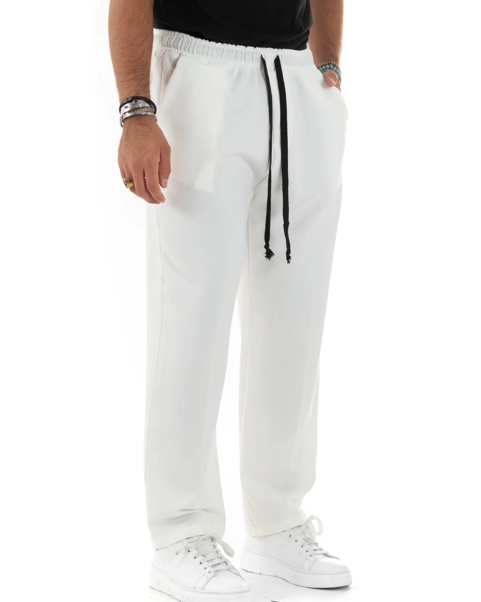 Pantalaccio Uomo Pantaloni Con Coulisse Morbido Viscosa Baggy Fondo Largo Comodo Panna GIOSAL-P6133A