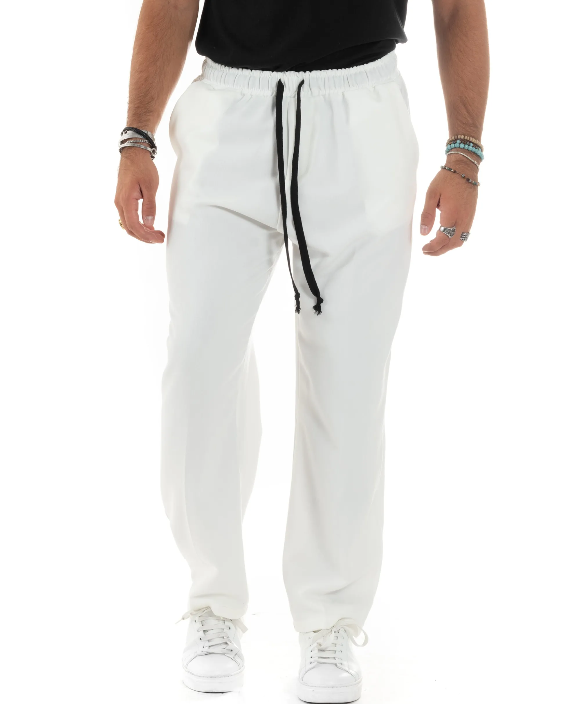 Pantalaccio Uomo Pantaloni Con Coulisse Morbido Viscosa Baggy Fondo Largo Comodo Panna GIOSAL-P6133A