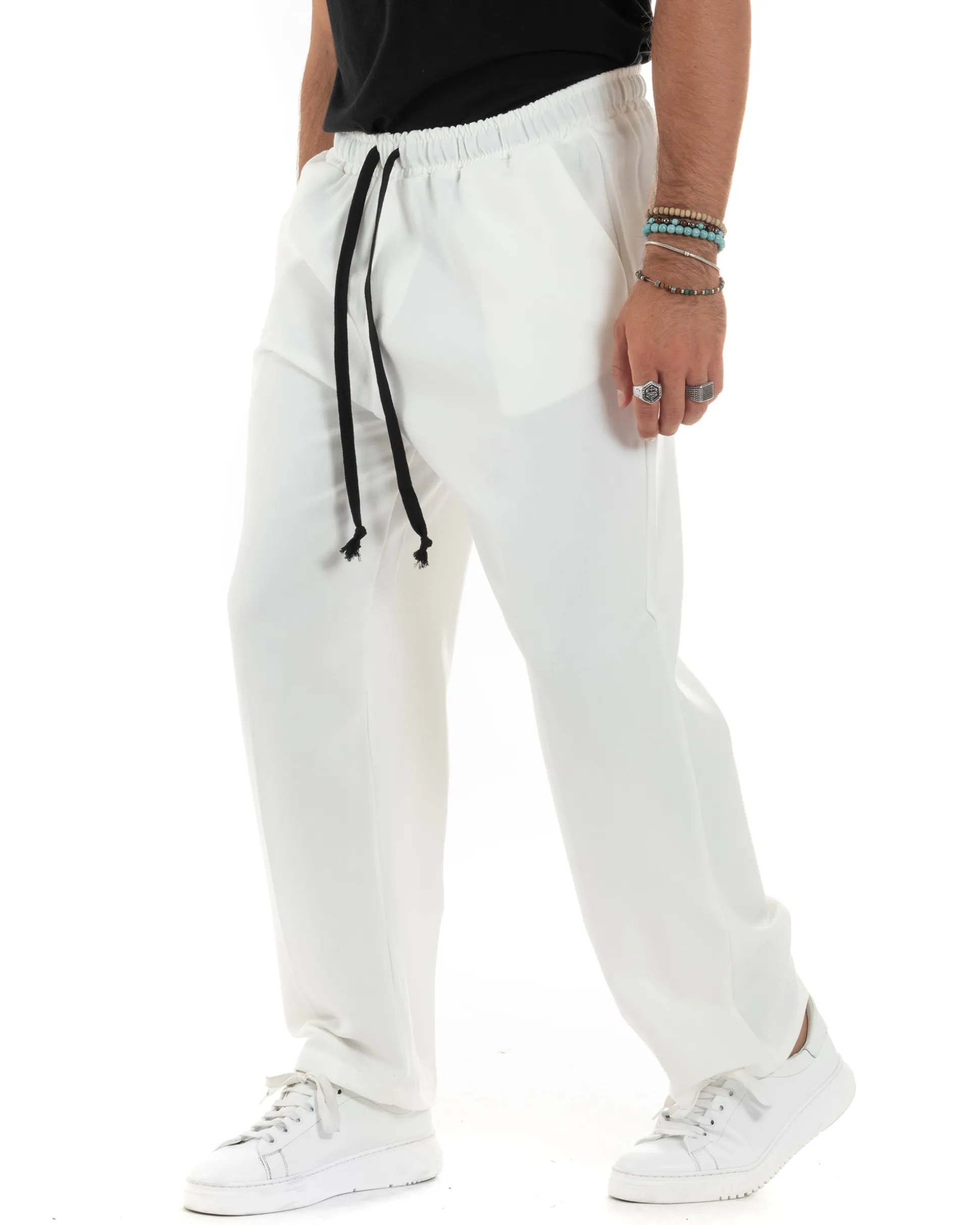 Pantalaccio Uomo Pantaloni Con Coulisse Morbido Viscosa Baggy Fondo Largo Comodo Panna GIOSAL-P6133A