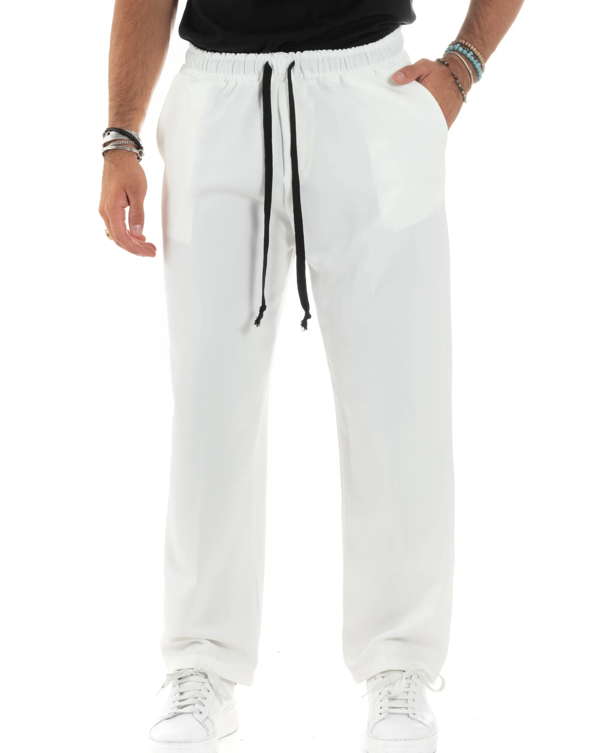 Pantalaccio Uomo Pantaloni Con Coulisse Morbido Viscosa Baggy Fondo Largo Comodo Panna GIOSAL-P6133A