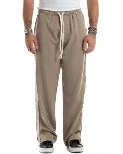 Pantalaccio Uomo Pantaloni Con Coulisse Morbido Viscosa Baggy Fondo Largo Comodo Beige Riga Lato GIOSAL-P6195A