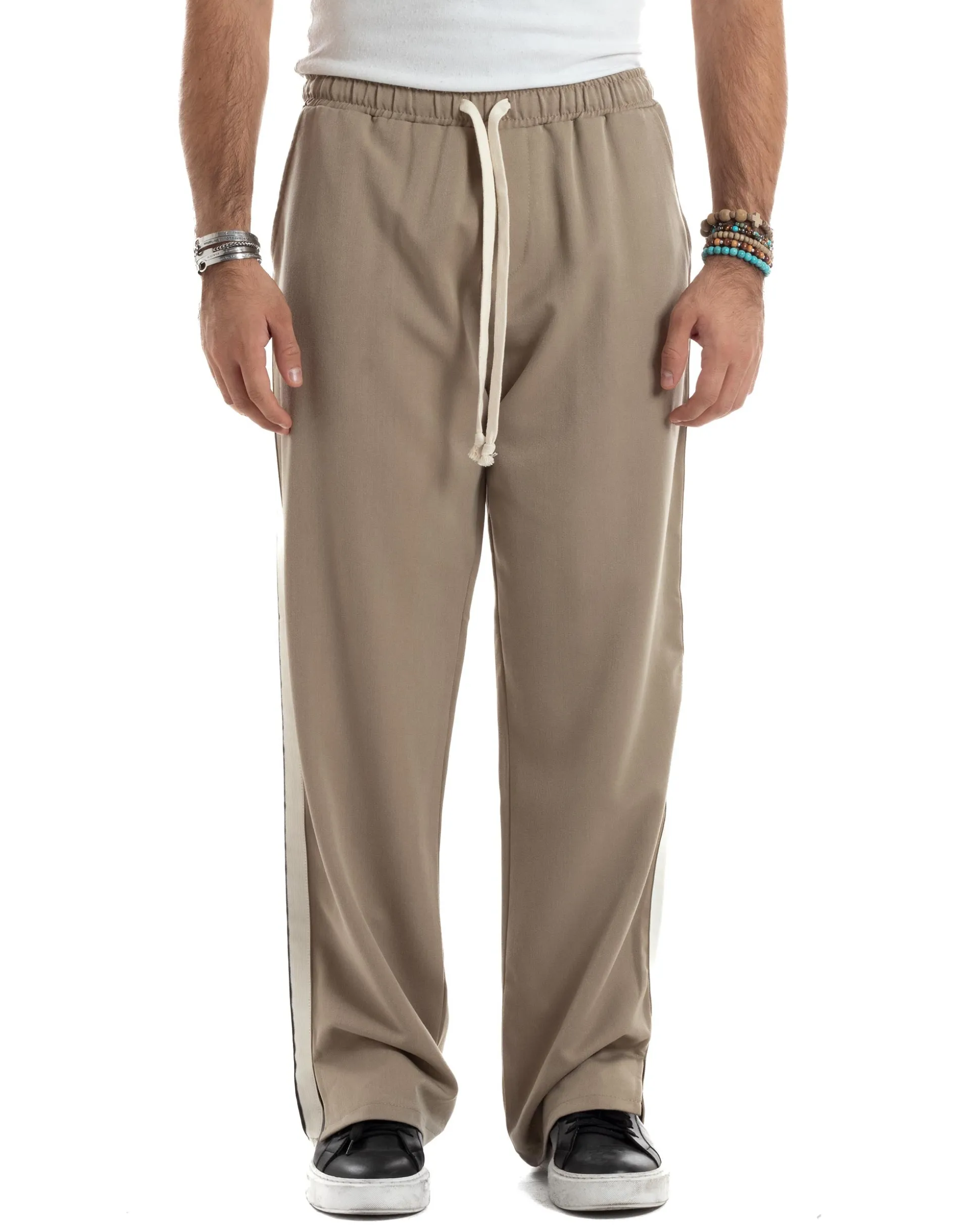 Pantalaccio Uomo Pantaloni Con Coulisse Morbido Viscosa Baggy Fondo Largo Comodo Beige Riga Lato GIOSAL-P6195A