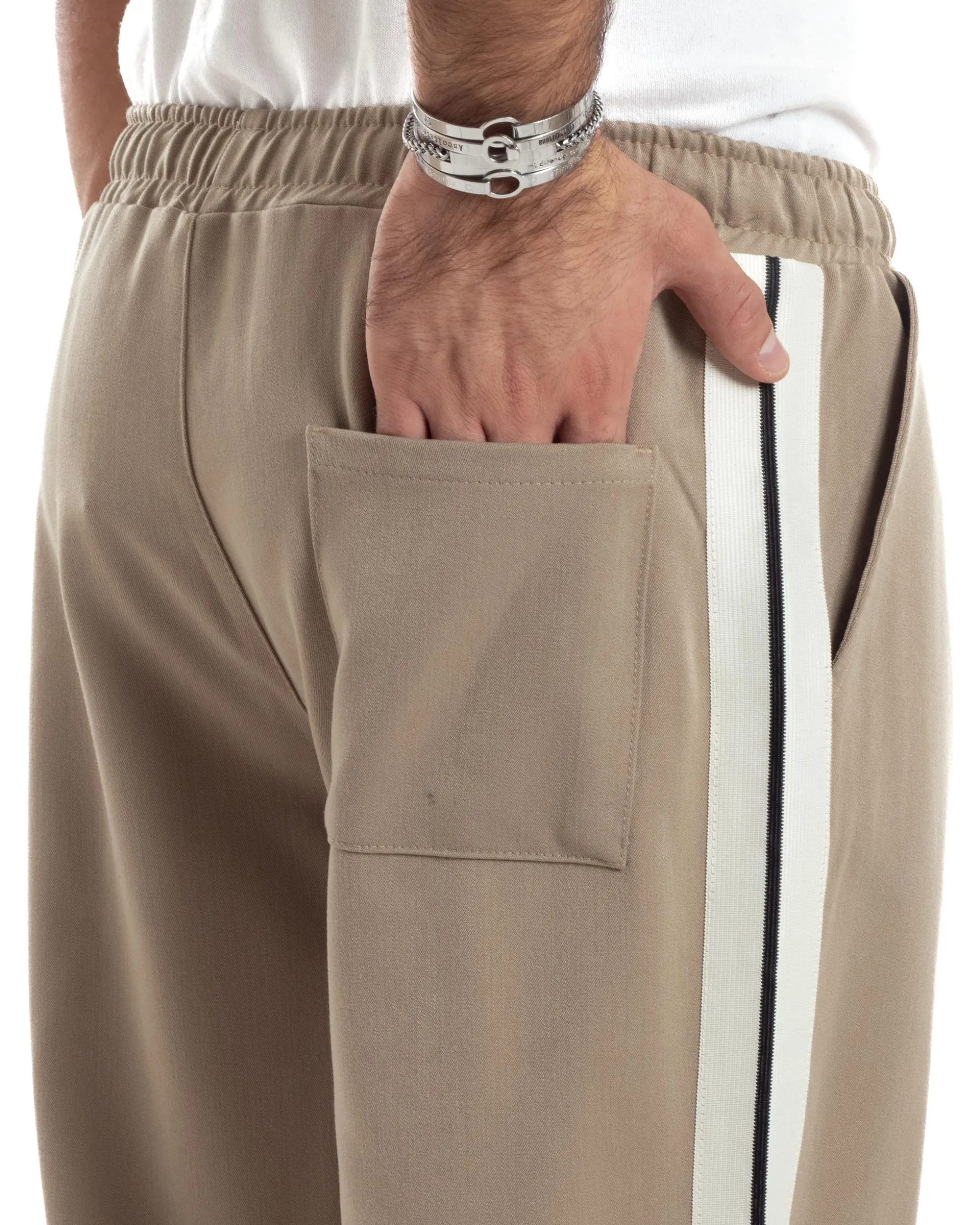 Pantalaccio Uomo Pantaloni Con Coulisse Morbido Viscosa Baggy Fondo Largo Comodo Beige Riga Lato GIOSAL-P6195A