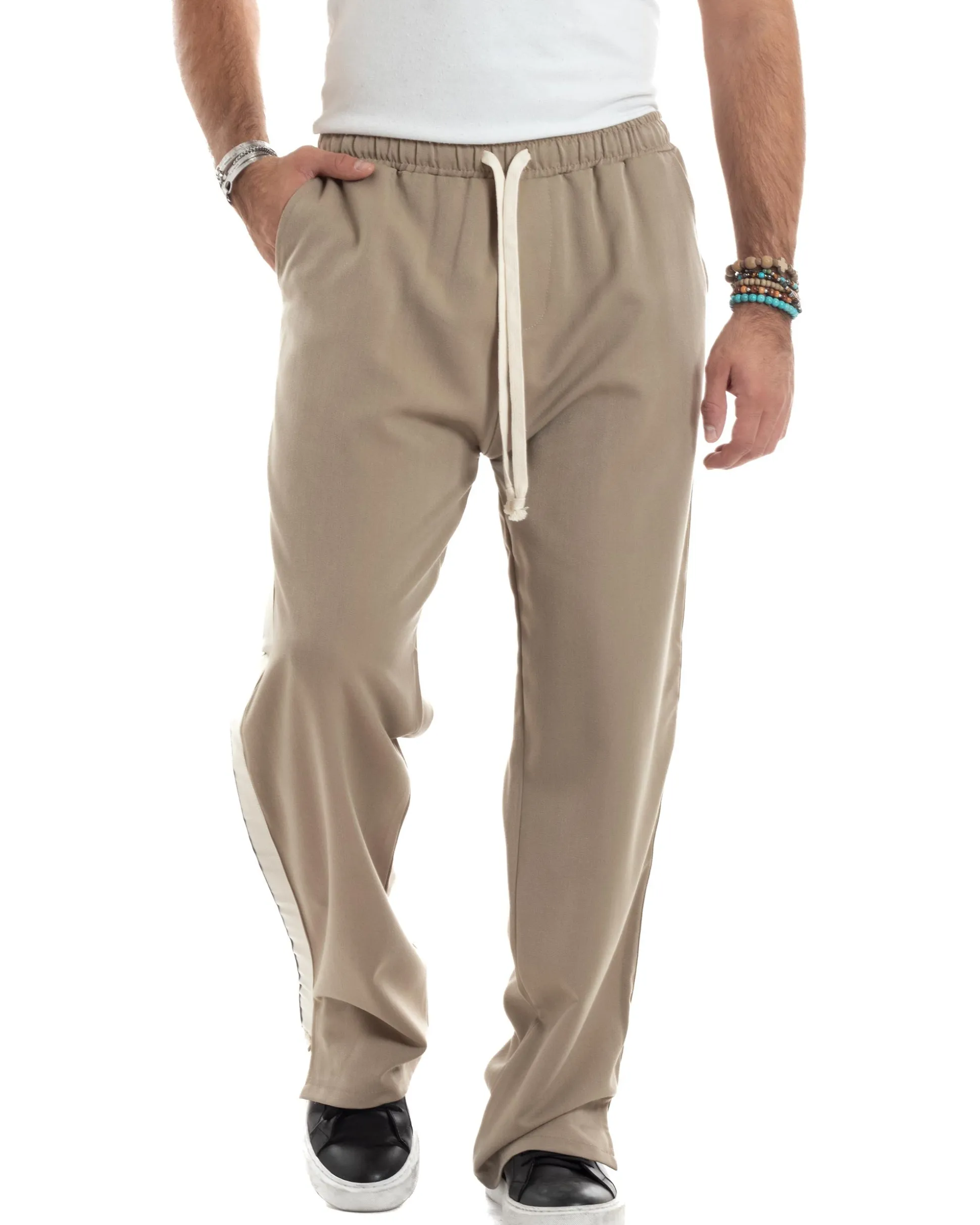 Pantalaccio Uomo Pantaloni Con Coulisse Morbido Viscosa Baggy Fondo Largo Comodo Beige Riga Lato GIOSAL-P6195A