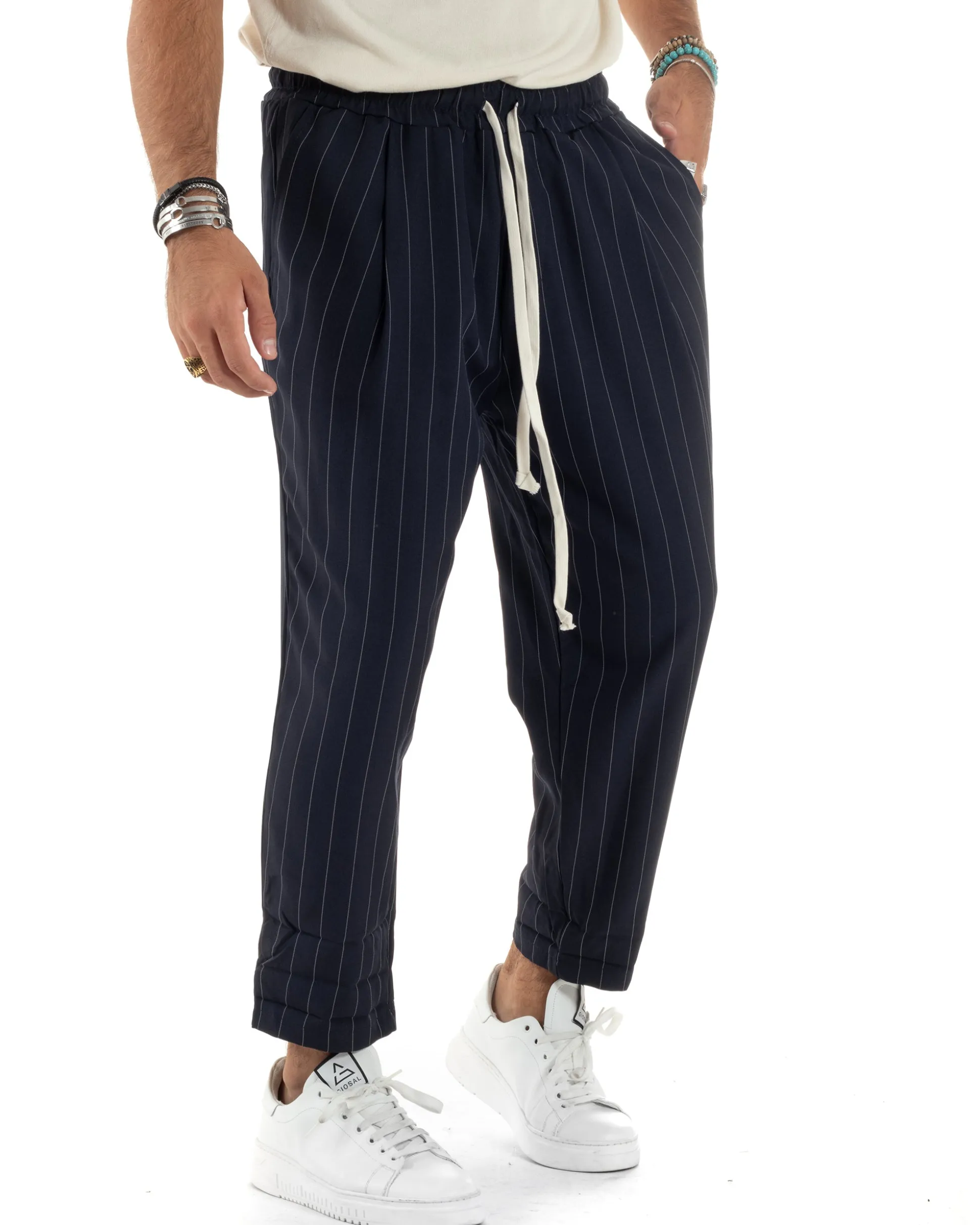 Pantalaccio Uomo Viscosa Morbido Regular Fit Pantaloni Con Coulisse Fantasia Gessata Rigato Blu GIOSAL-P6130A