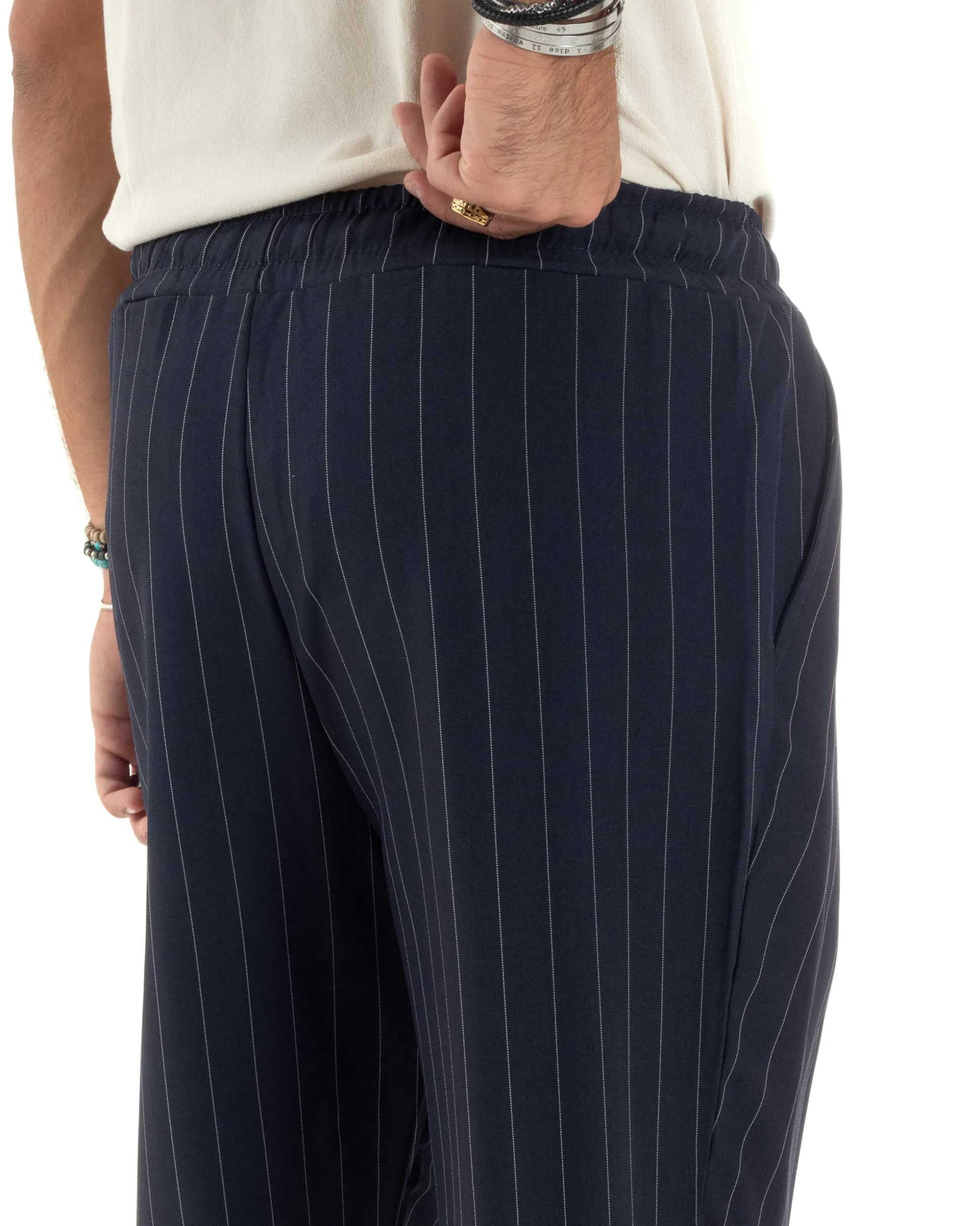 Pantalaccio Uomo Viscosa Morbido Regular Fit Pantaloni Con Coulisse Fantasia Gessata Rigato Blu GIOSAL-P6130A
