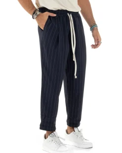 Pantalaccio Uomo Viscosa Morbido Regular Fit Pantaloni Con Coulisse Fantasia Gessata Rigato Blu GIOSAL-P6130A