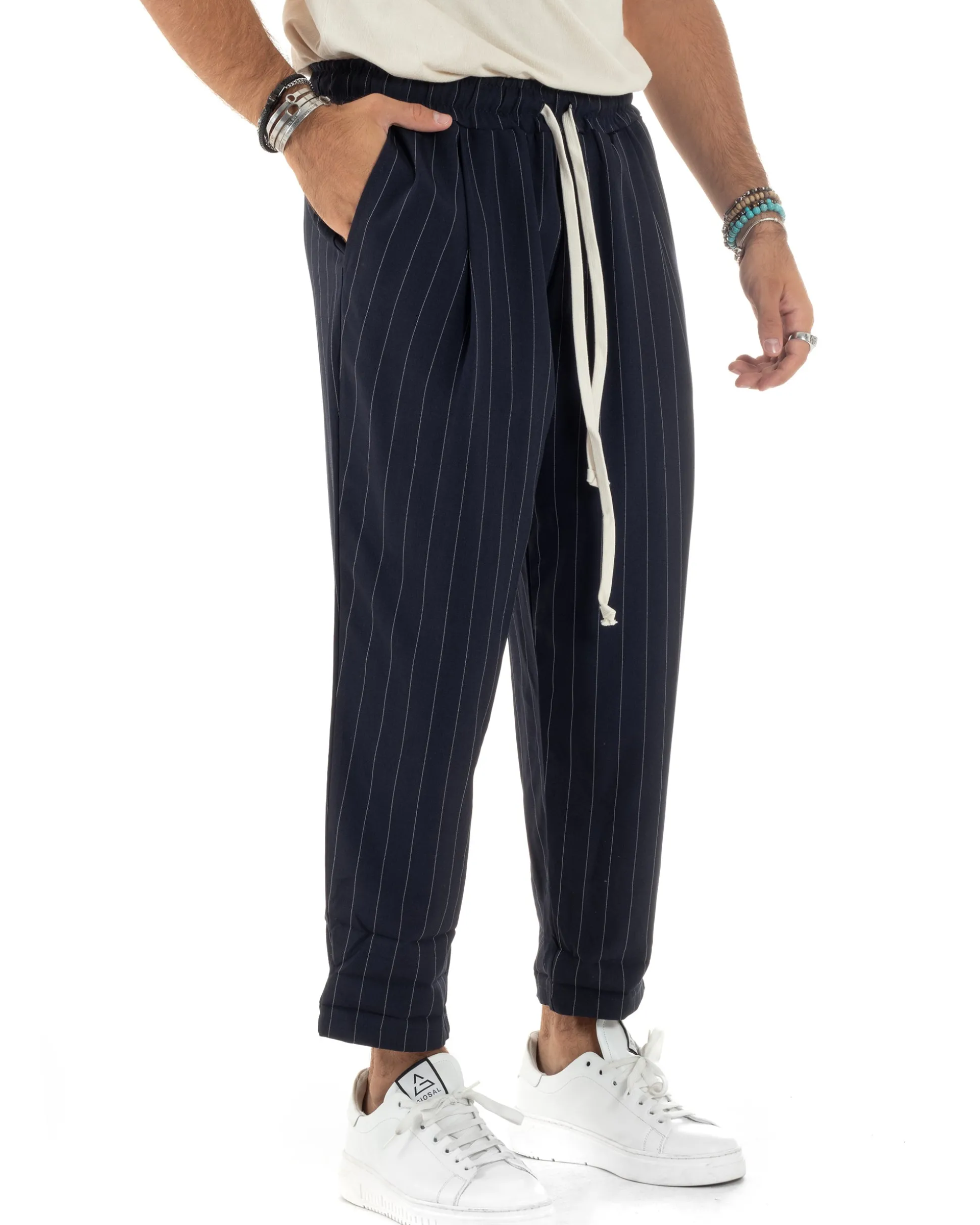 Pantalaccio Uomo Viscosa Morbido Regular Fit Pantaloni Con Coulisse Fantasia Gessata Rigato Blu GIOSAL-P6130A