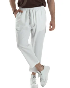 Pantalaccio Uomo Viscosa Pantaloni Casual Jogger Japan Cropped Dritto Tinta Unita Bianco GIOSAL-P6294A