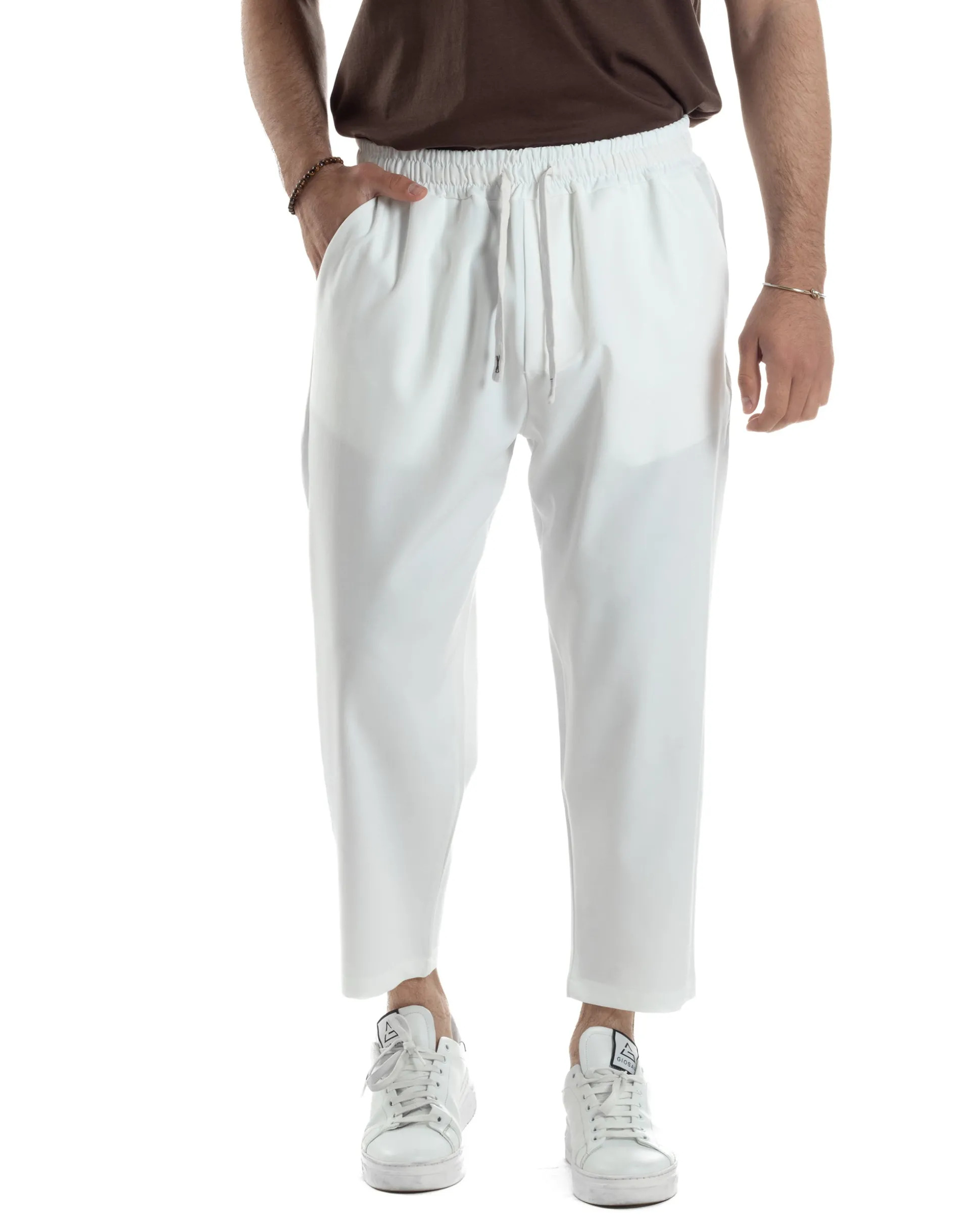 Pantalaccio Uomo Viscosa Pantaloni Casual Jogger Japan Cropped Dritto Tinta Unita Bianco GIOSAL-P6294A