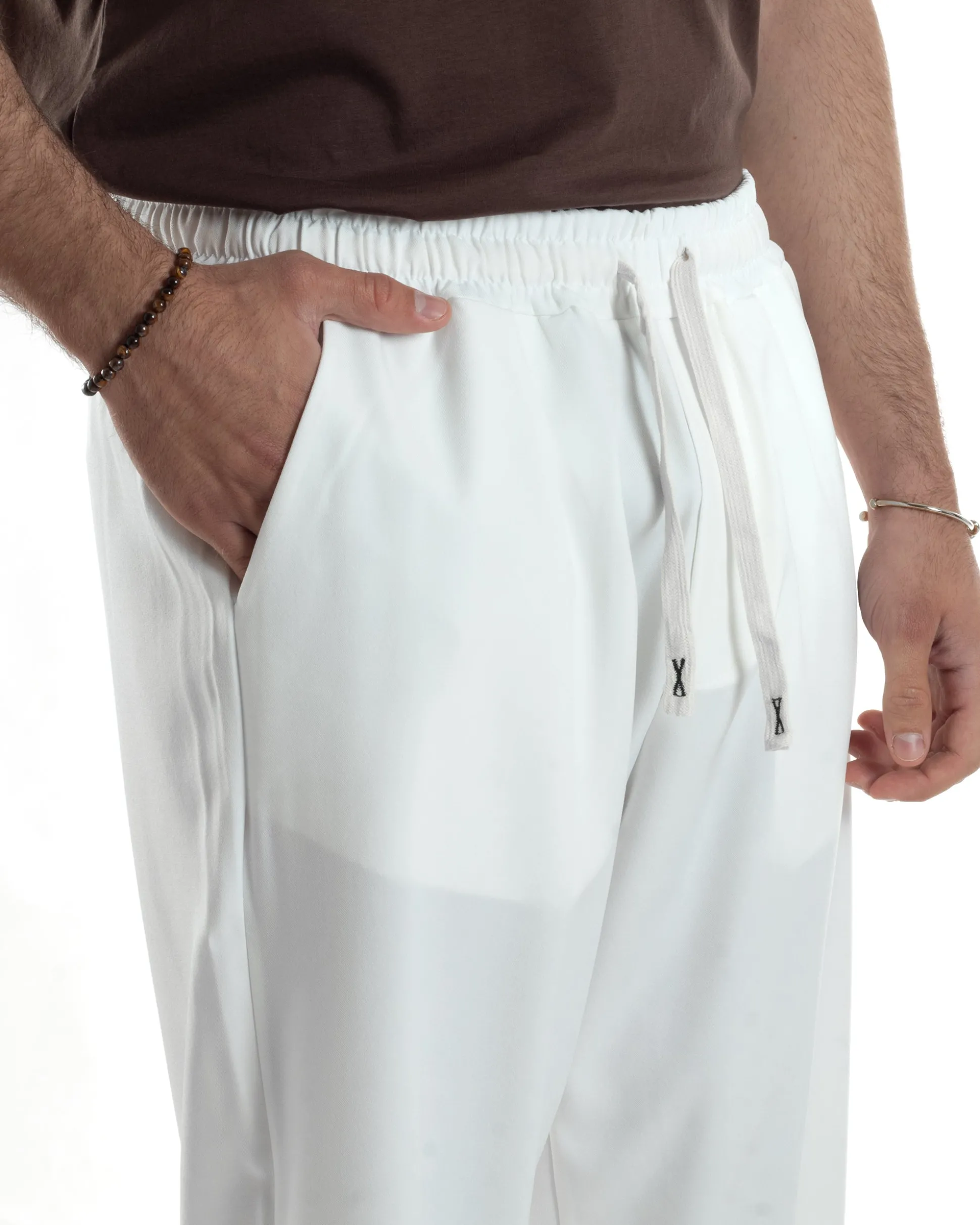 Pantalaccio Uomo Viscosa Pantaloni Casual Jogger Japan Cropped Dritto Tinta Unita Bianco GIOSAL-P6294A