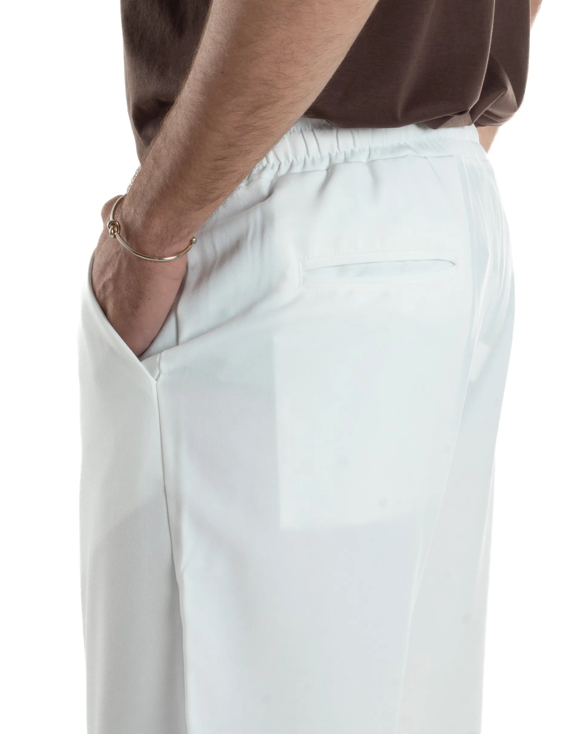 Pantalaccio Uomo Viscosa Pantaloni Casual Jogger Japan Cropped Dritto Tinta Unita Bianco GIOSAL-P6294A