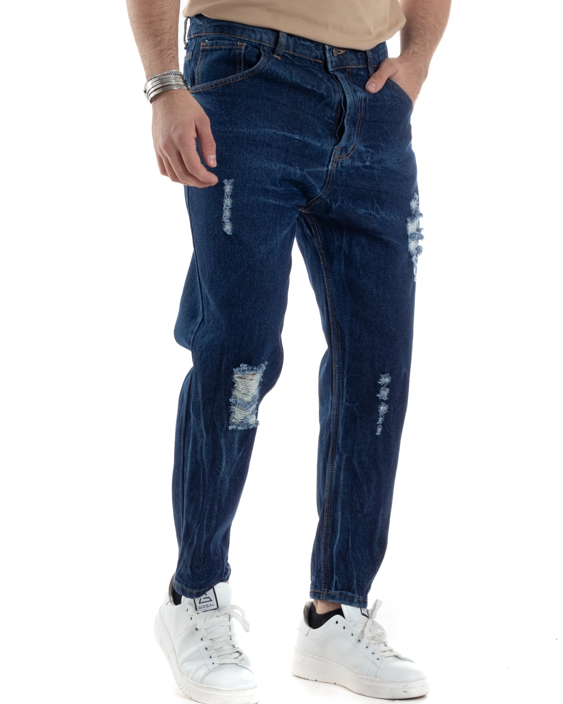 Pantaloni Jeans Uomo Loose Fit Denim Scuro Con Rotture Cinque Tasche GIOSAL-JS1034A