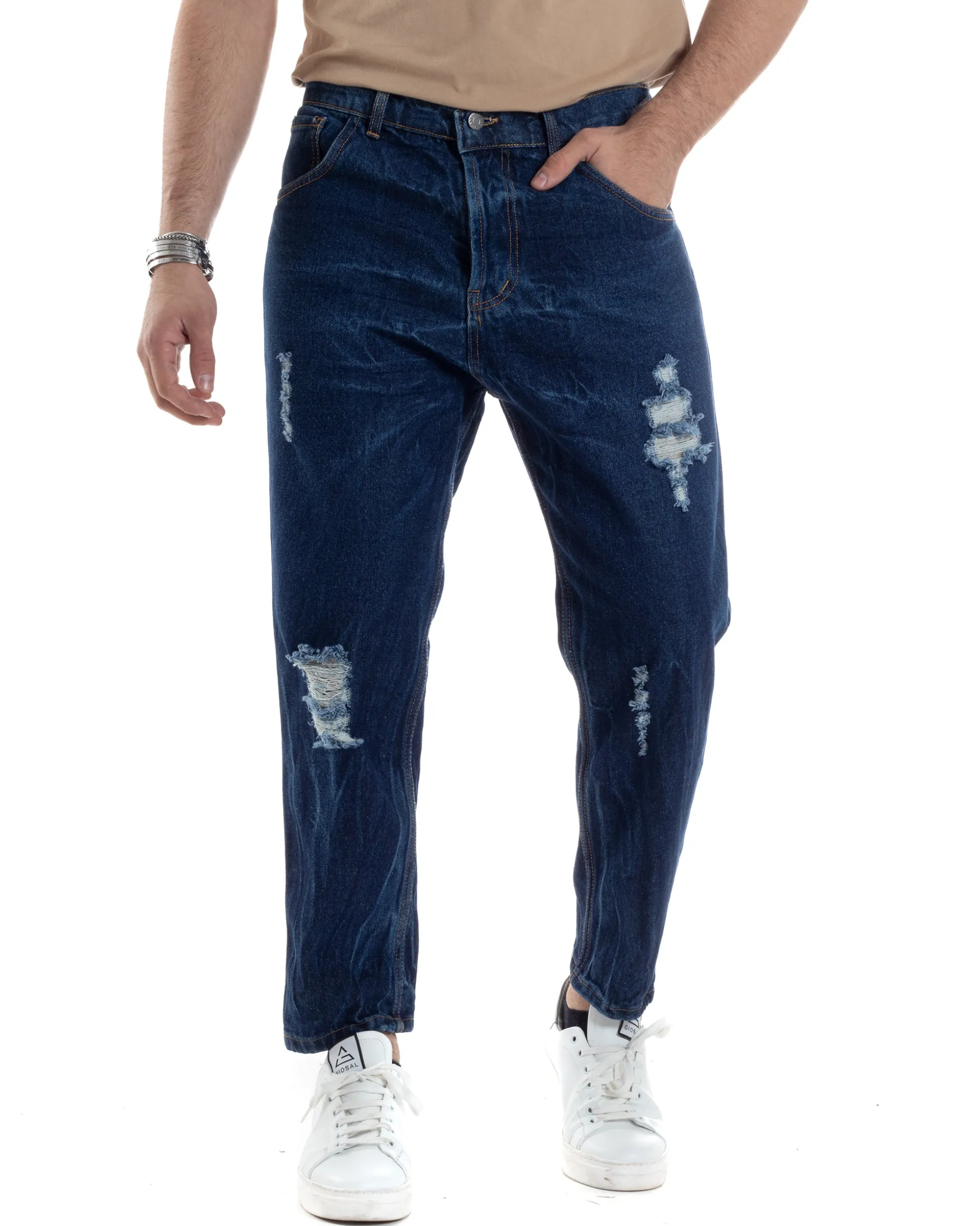 Pantaloni Jeans Uomo Loose Fit Denim Scuro Con Rotture Cinque Tasche GIOSAL-JS1034A
