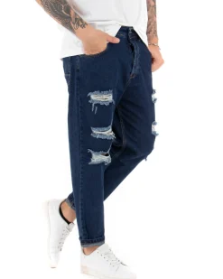 Pantaloni Jeans Uomo Loose Fit Con Rotture Sfrangiato Basic Classico Blue Denim GIOSAL-P5064A