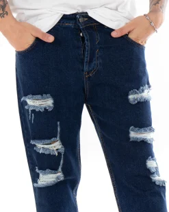 Pantaloni Jeans Uomo Loose Fit Con Rotture Sfrangiato Basic Classico Blue Denim GIOSAL-P5064A