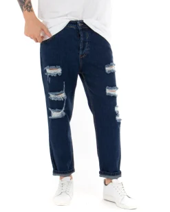 Pantaloni Jeans Uomo Loose Fit Con Rotture Sfrangiato Basic Classico Blue Denim GIOSAL-P5064A