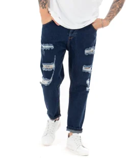 Pantaloni Jeans Uomo Loose Fit Con Rotture Sfrangiato Basic Classico Blue Denim GIOSAL-P5064A