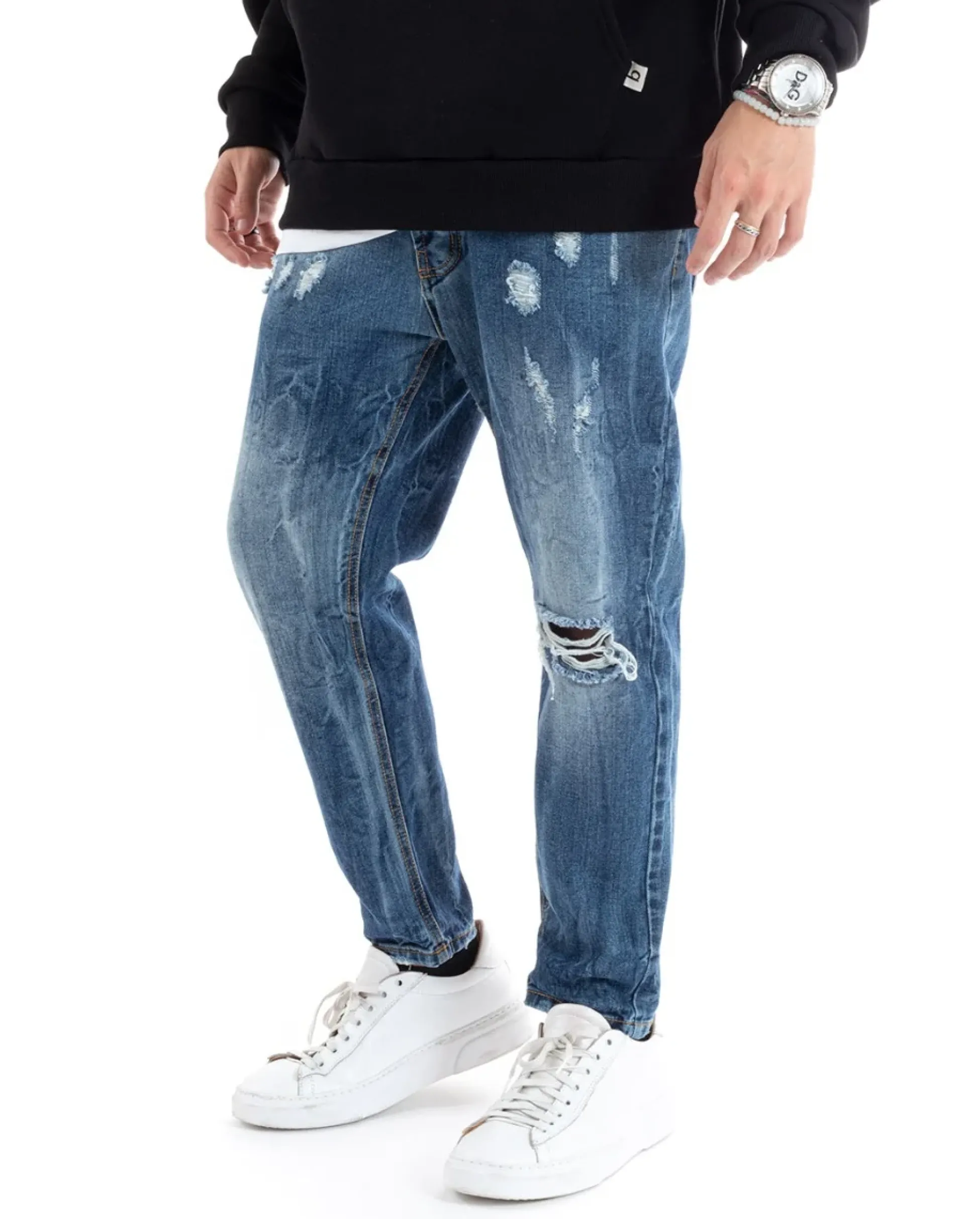 Pantaloni Jeans Uomo Loose Fit Denim Con Rotture Stone Washed Cinque Tasche Casual GIOSAL-P5590A