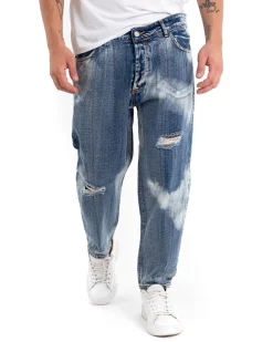 Pantaloni Jeans Uomo Loose Fit Classico Cinque Tasche Con Rotture Stone Washed Casual Denim Sfumato GIOSAL-P5472A