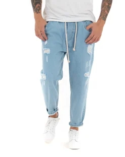 Pantaloni jeans uomo loose fit pantalaccio con rotture denim chiaro GIOSAL-P4083A