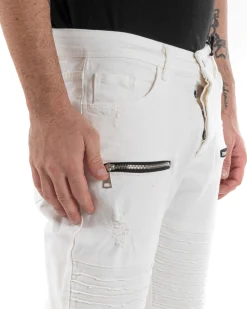 Pantaloni Jeans Uomo Regular Fit Biker Classico Cinque Tasche Con Zip E Rotture Tinta Unita Casual Bianco GIOSAL-P5563A