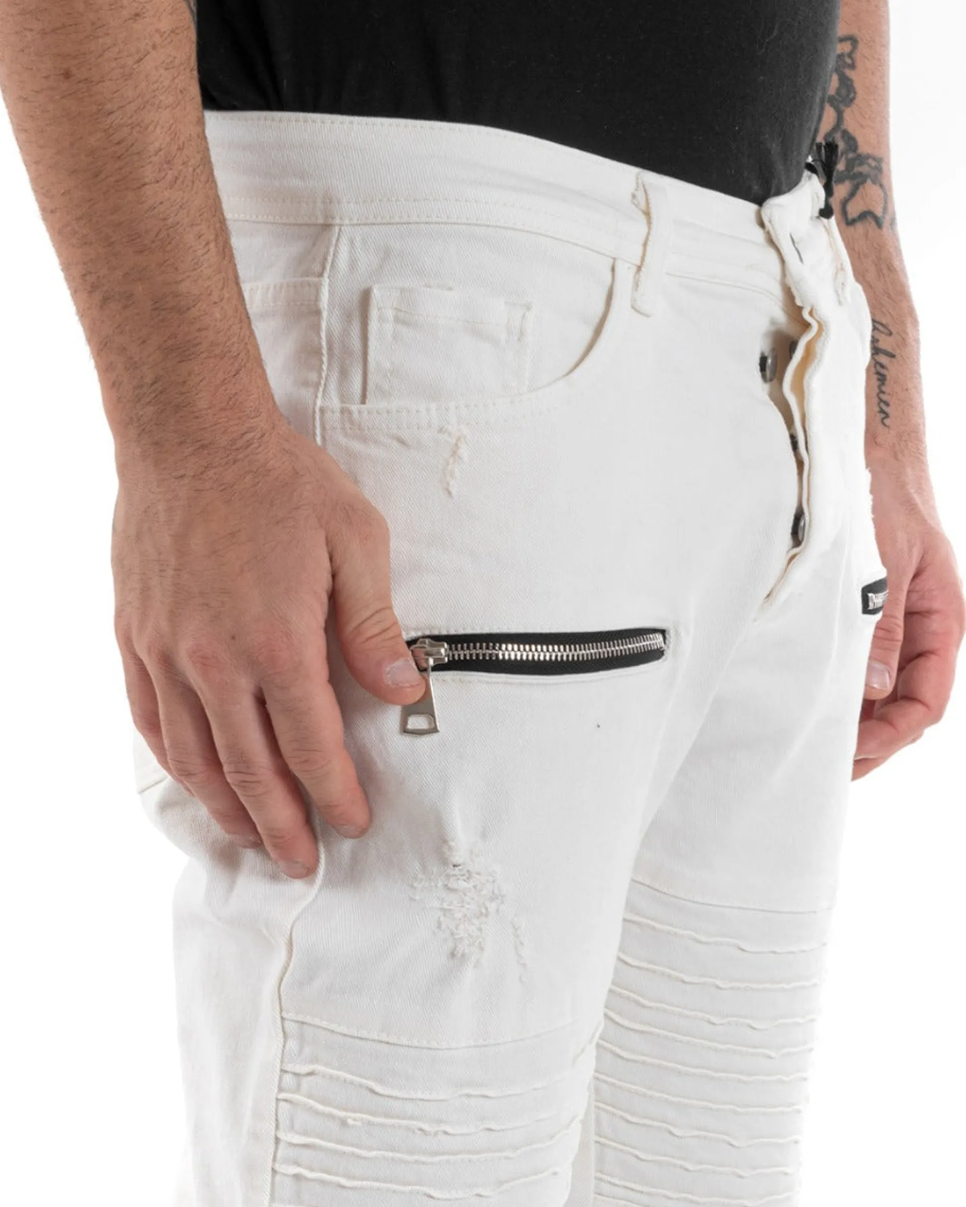 Pantaloni Jeans Uomo Regular Fit Biker Classico Cinque Tasche Con Zip E Rotture Tinta Unita Casual Bianco GIOSAL-P5563A
