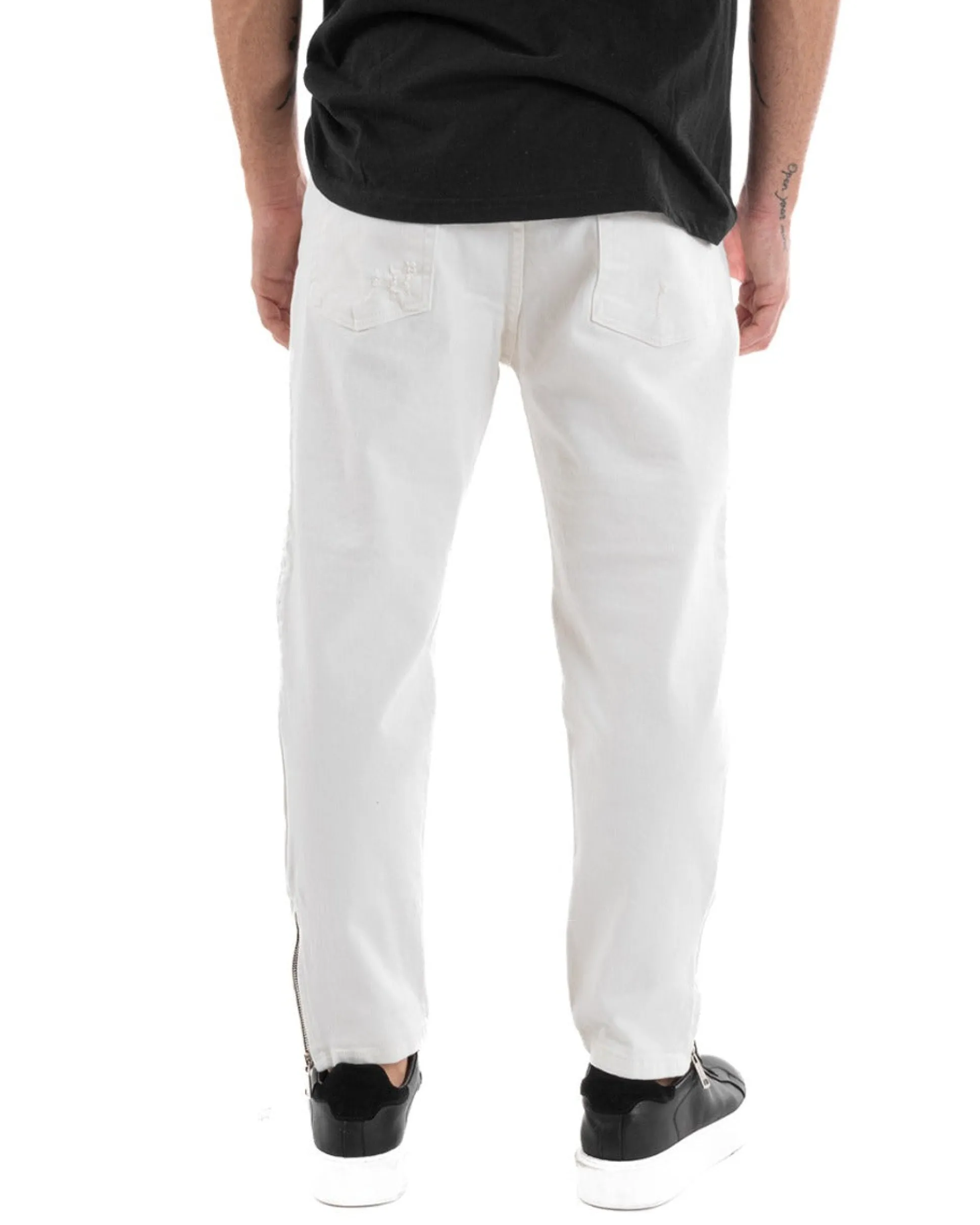 Pantaloni Jeans Uomo Regular Fit Biker Classico Cinque Tasche Con Zip E Rotture Tinta Unita Casual Bianco GIOSAL-P5563A