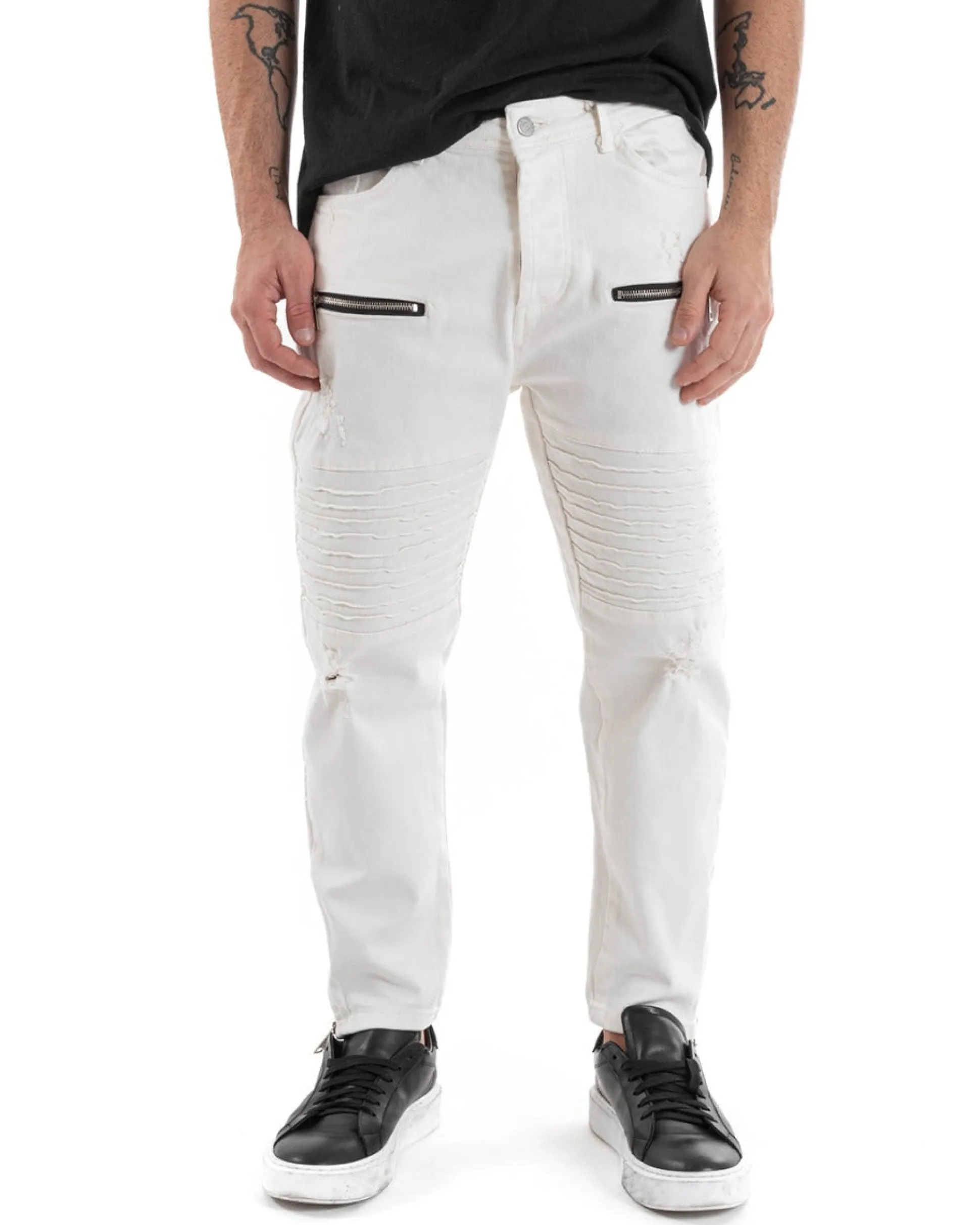 Pantaloni Jeans Uomo Regular Fit Biker Classico Cinque Tasche Con Zip E Rotture Tinta Unita Casual Bianco GIOSAL-P5563A