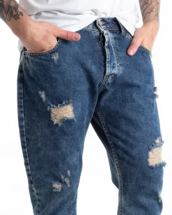 Pantaloni Jeans Uomo Slim Fit Denim Sabbiato Con Rotture Cinque Tasche GIOSAL-P5293A