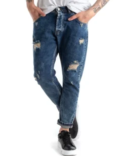 Pantaloni Jeans Uomo Slim Fit Denim Sabbiato Con Rotture Cinque Tasche GIOSAL-P5293A