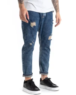 Pantaloni Jeans Uomo Slim Fit Denim Sabbiato Con Rotture Cinque Tasche GIOSAL-P5293A