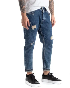 Pantaloni Jeans Uomo Slim Fit Denim Sabbiato Con Rotture Cinque Tasche GIOSAL-P5293A