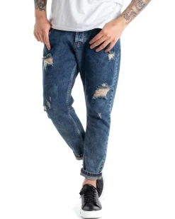 Pantaloni Jeans Uomo Slim Fit Denim Sabbiato Con Rotture Cinque Tasche GIOSAL-P5293A