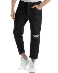 Pantaloni Jeans Uomo Straight Fit Taglio Al Ginocchio Denim Stonewashed Nero GIOSAL-JS1019A